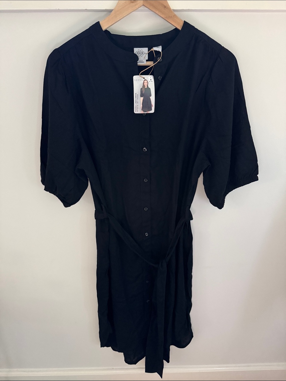 NWT Serra Black Linen Blend Shirt Dress Medium 8-10 Tie Waist Puff Sleeve